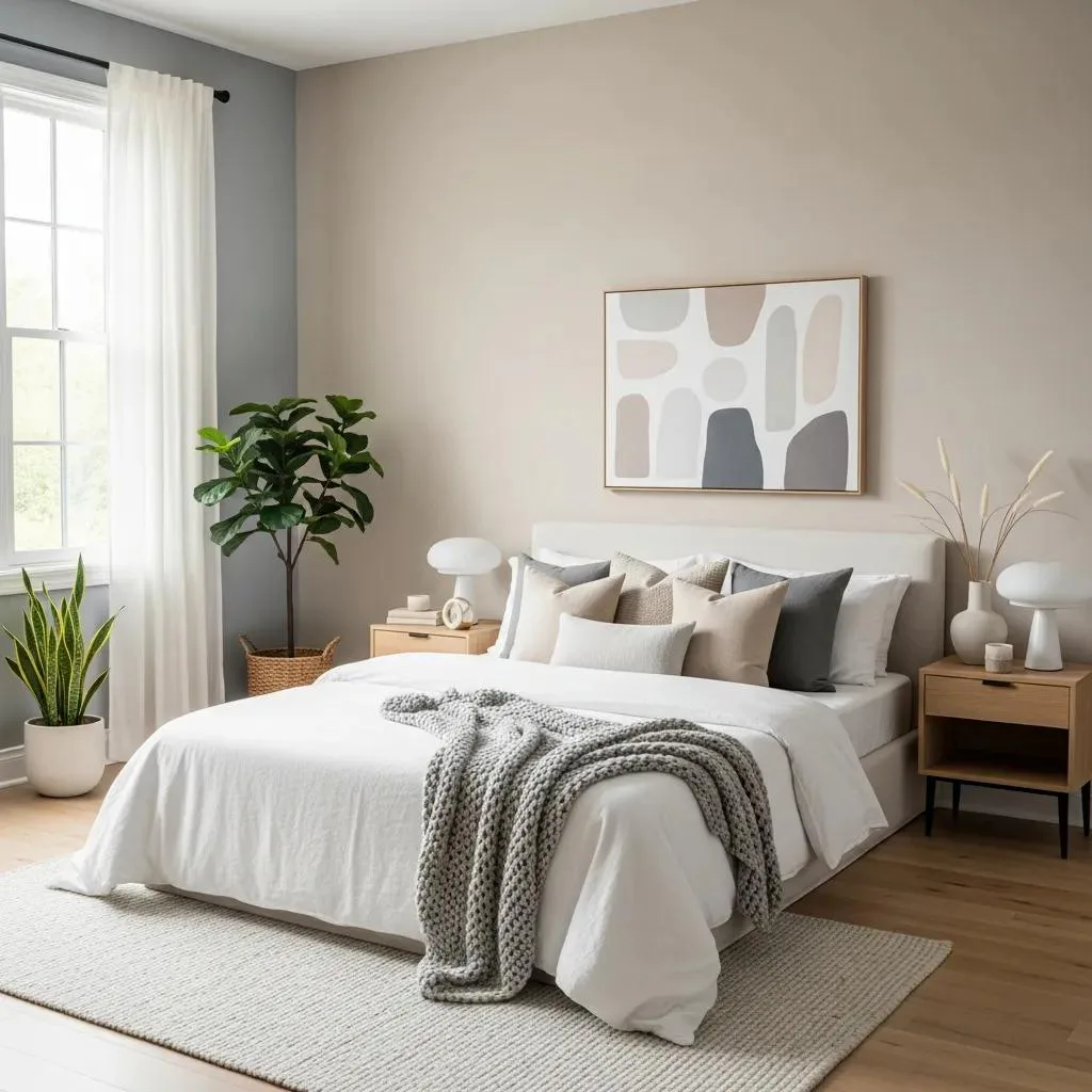 Bedroom with soft beige and cool gray walls demonstrating recommended neutral paint colors